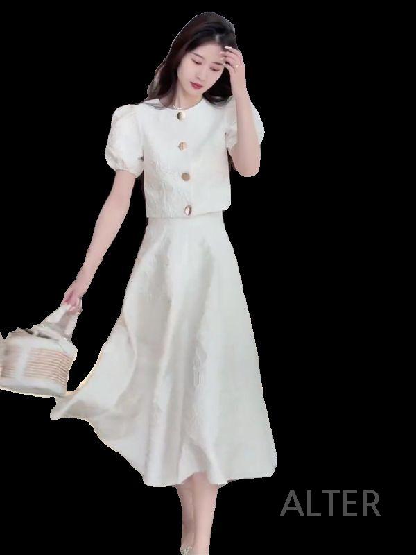 여름 여성 퍼프소매 블라우스 롱스커트 플레어 투피스 흰색 상의+스커트 S - 상세 이미지 5