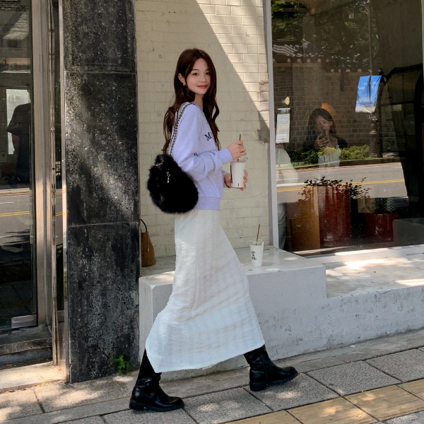 물결 레이스 H라인 롱 스커트 sk7453 - 메인 이미지
