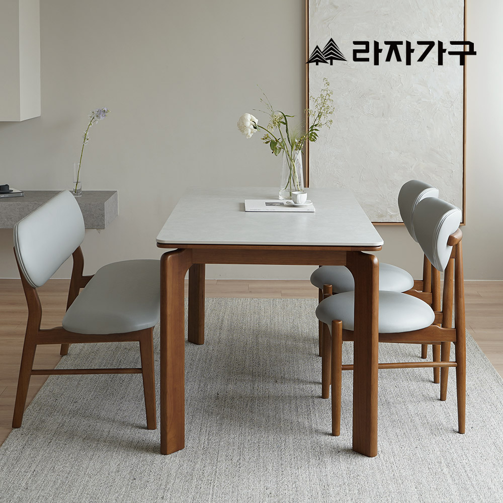 라자가구 폴 SE0 포세린 세라믹 원목 테이블 2인 4인 6인 식탁세트 식탁+의자2+벤치1, 1400mm, 올화이트세라믹+내추럴프레임 - 상세 이미지 2