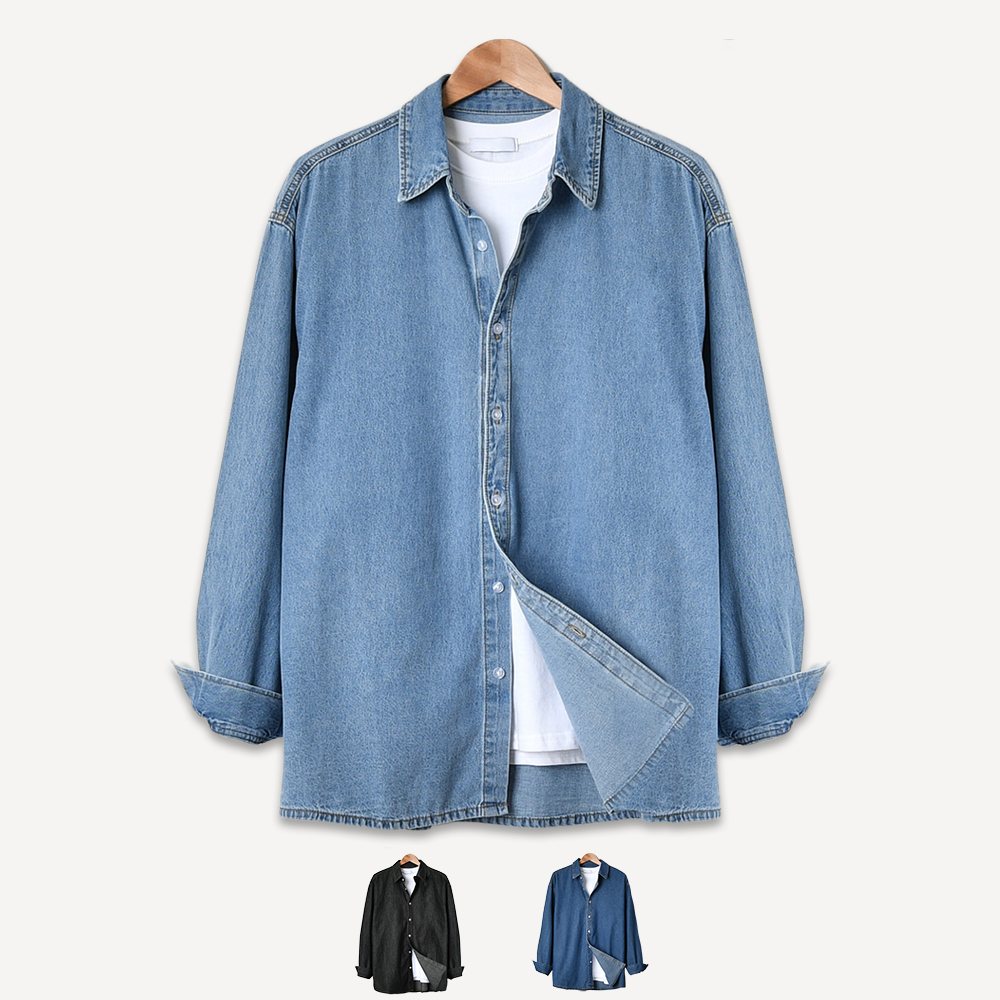 남자 청남방 오버핏 워싱 빅사이즈 연청 진청 블랙 데님 셔츠 제품 이미지