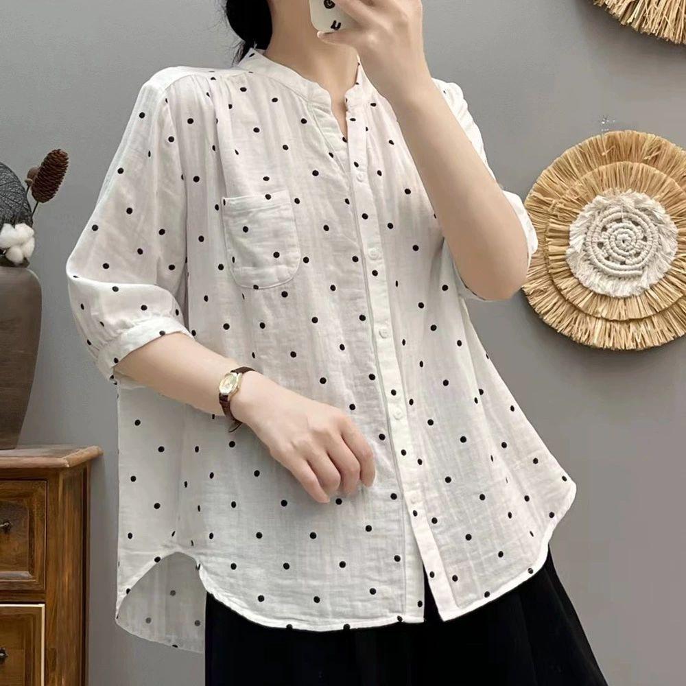 여성 여름 블라우스 밴딩 셔링 바스락 시원한 시스루 하늘색 중년 오버핏 긴팔 엄마옷 폴카 도트 M 45~65kg - 상세 이미지 4
