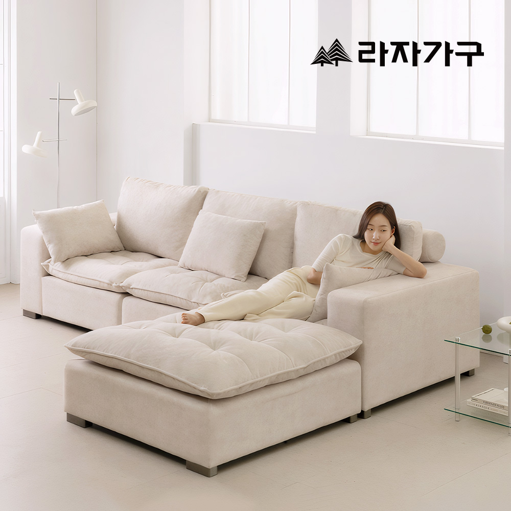 라자가구 엘루아 구스 조야 패브릭 기능성 푹신한 예쁜 거실 쿠션 소파 스툴포함, 아이보리, 4인용