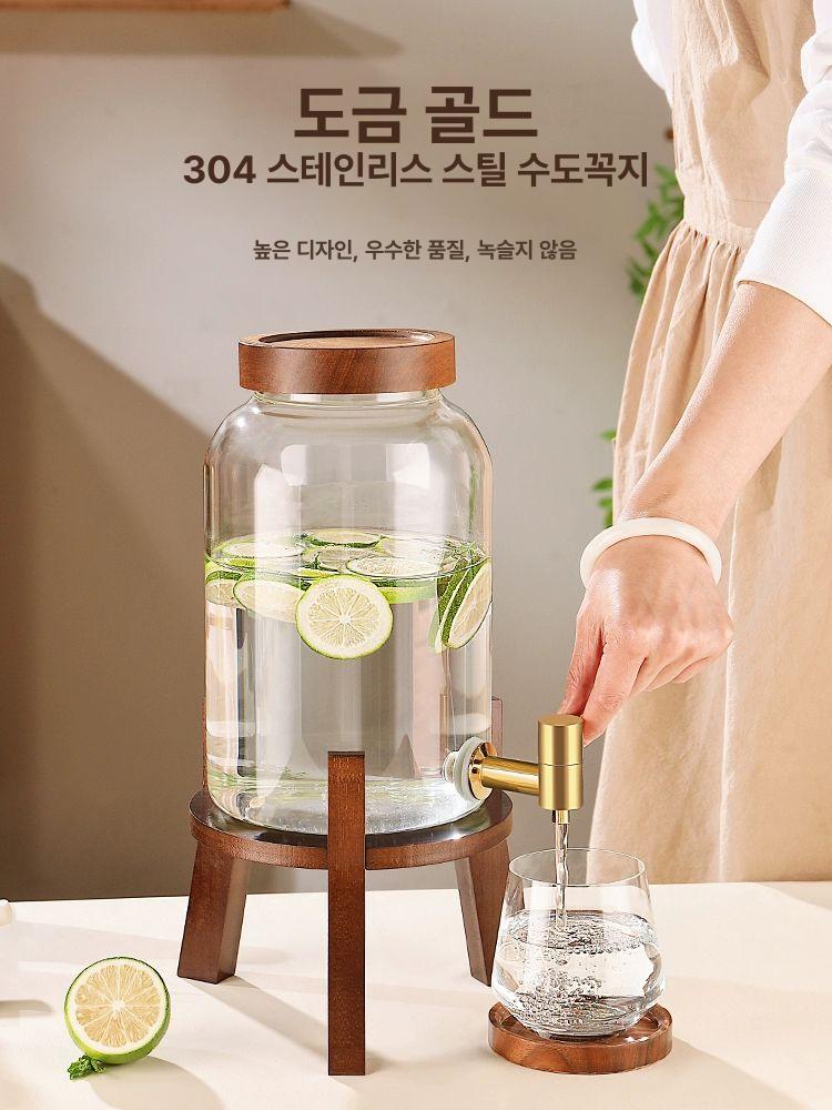 카페물통 워터 디스펜서 물병 우드 유리병 내열유리 상사목 커버 포함 드래곤헤드 3L+실목 - 상세 이미지 5