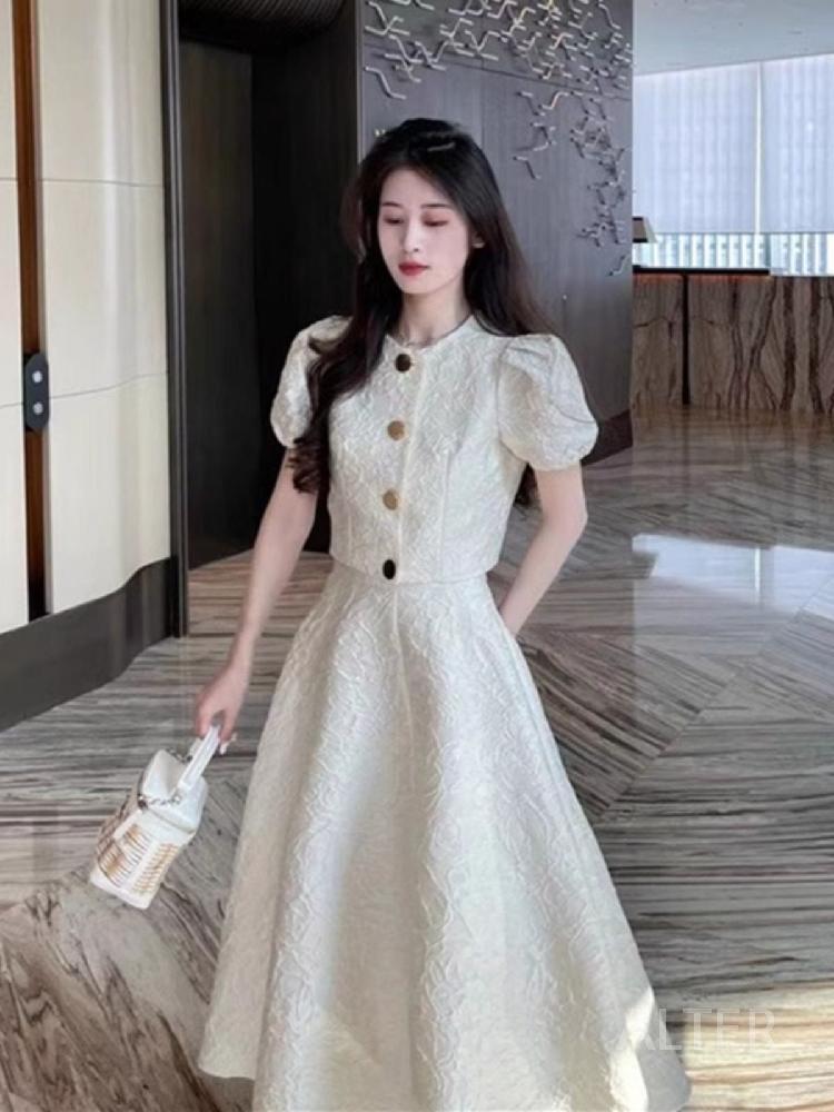 여름 여성 퍼프소매 블라우스 롱스커트 플레어 투피스 흰색 상의+스커트 S - 상세 이미지 2