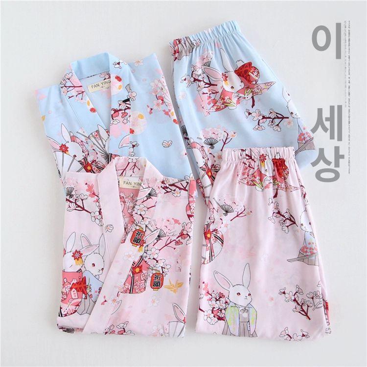 인견 에스닉 유카타 잠옷 파자마 홈웨어 일본풍 면직물 반팔 상하의 의류 가정용 핑크 위시 래빗 M - 상세 이미지 3