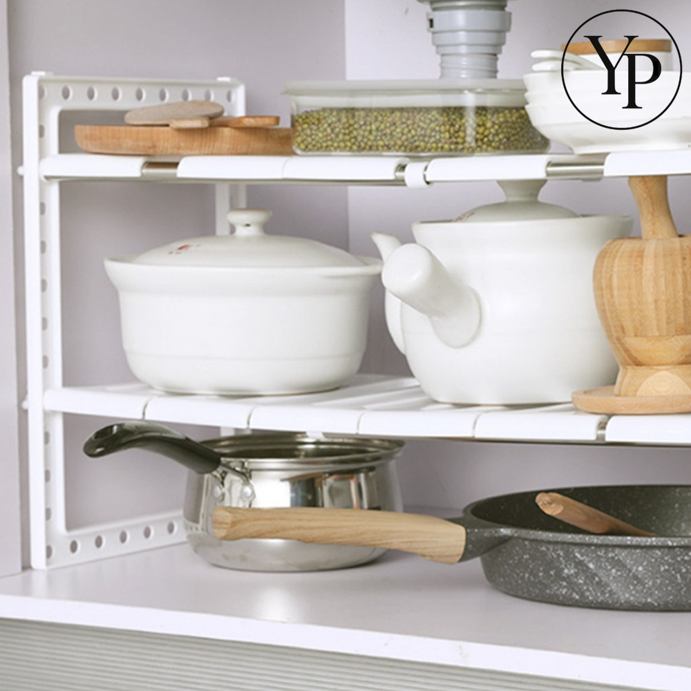 하부 정리 2단 선반 후라이팬 냄비 보조 그릇 씽크대 길이조절 수납 정리대 - 상품 이미지