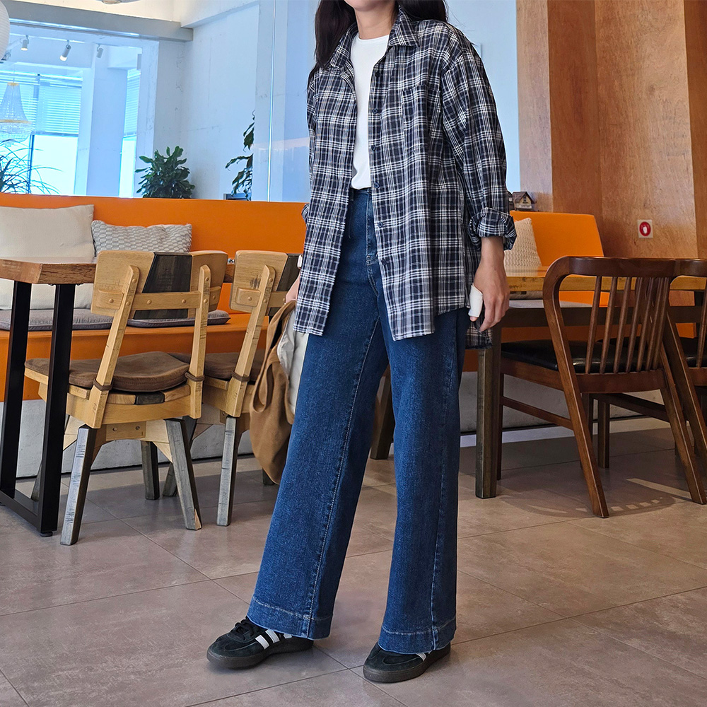 가을 세미 와이드청바지 스판 밴딩 키작녀청바지 여성 통일자 데님 팬츠 - 상세 이미지 5