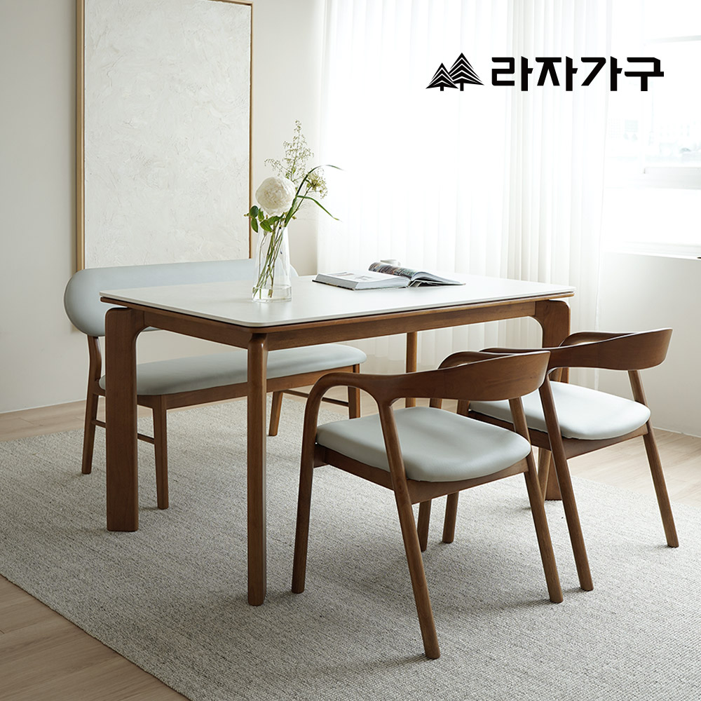 라자가구 에이든 SE0 포세린 세라믹 원목 2인 4인 6인 거실 식탁세트 식탁+의자2+벤치1, 1400mm, 돌로미아세라믹+월넛프레임