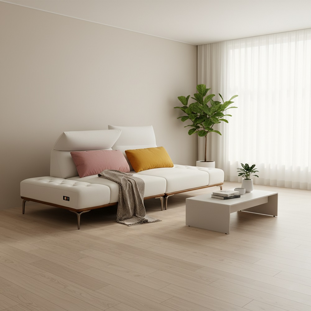 스코나 론데일 애쉬원목 조야 아쿠아텍스 패브릭 소파 스툴미포함, 아이보리, 3인용