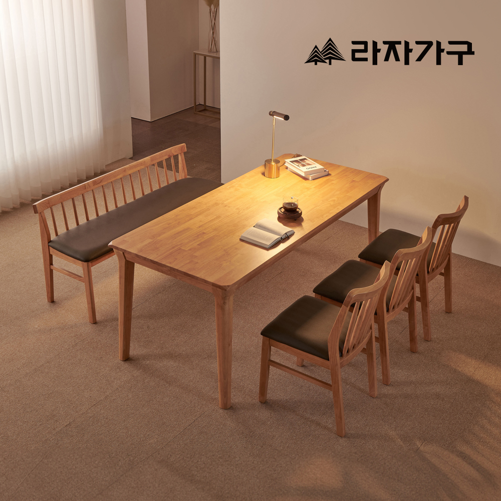 라자가구 데니스 포세린 세라믹 원목 4인 6인 거실 다이닝 식탁세트 식탁+라운드형의자3+벤치1, 1800mm, 원목테이블
