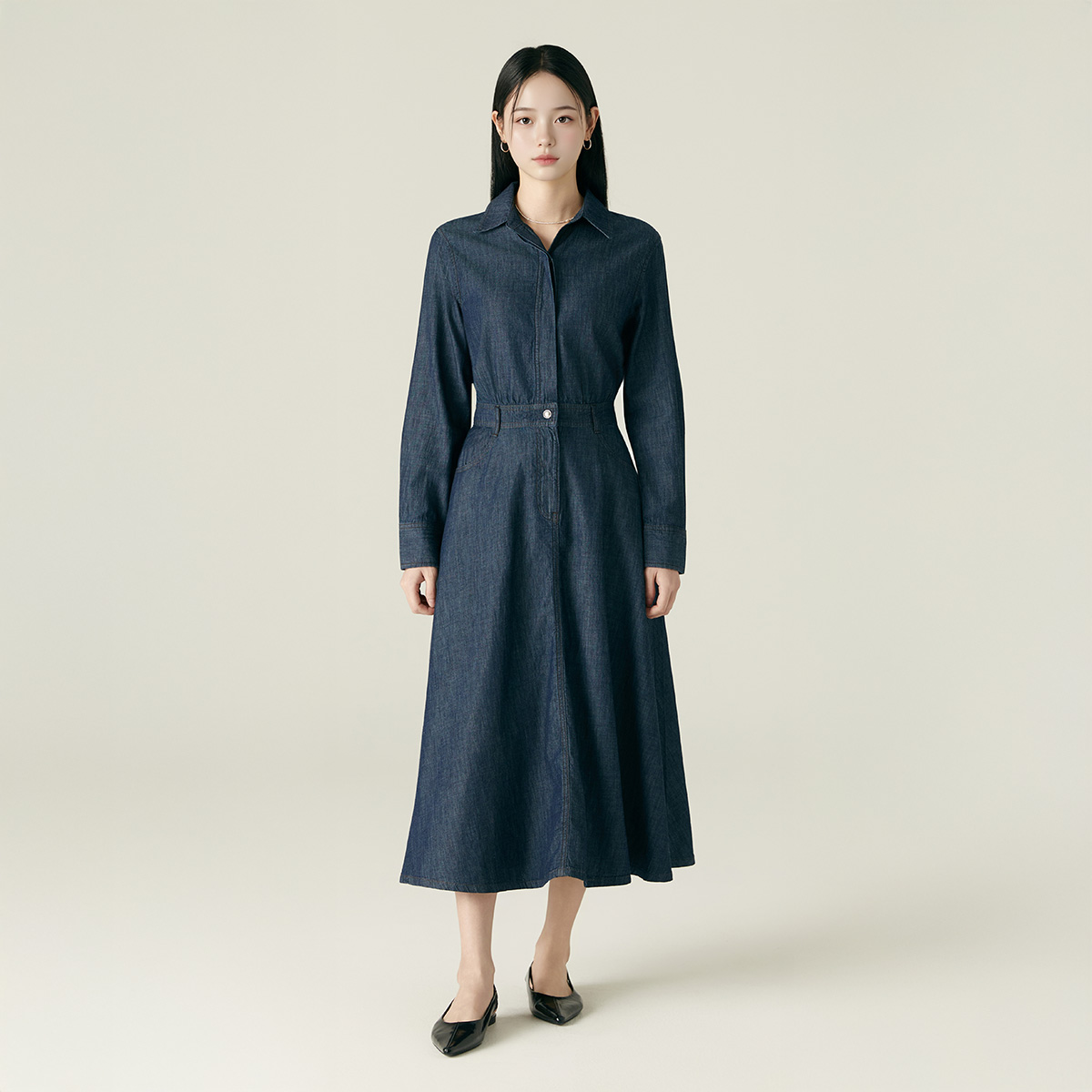 [N판배자배송] 로엠 데님 카라 롱 원피스 RMOWF49GT1