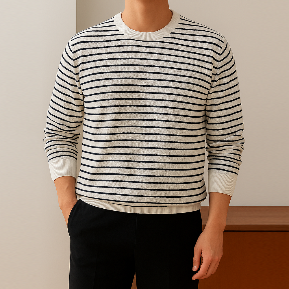 남자스트라이프니트 가을 오버핏 니트 LOGAN LAINE 아이보리 스트라이프, M 이미지 3