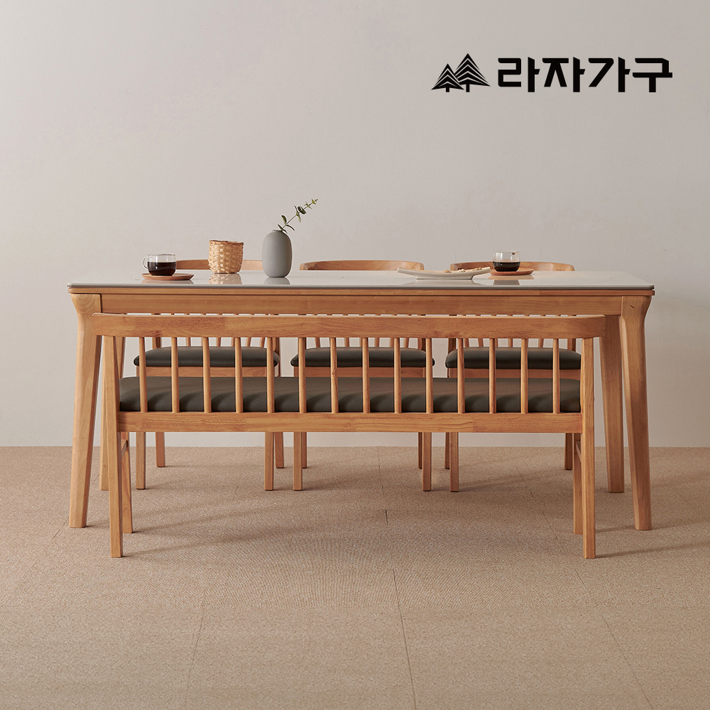 라자가구 데니스 포세린 세라믹 원목 4인 6인 거실 다이닝 식탁세트 식탁+라운드형의자3+벤치1, 1800mm, 양면세라믹테이블
