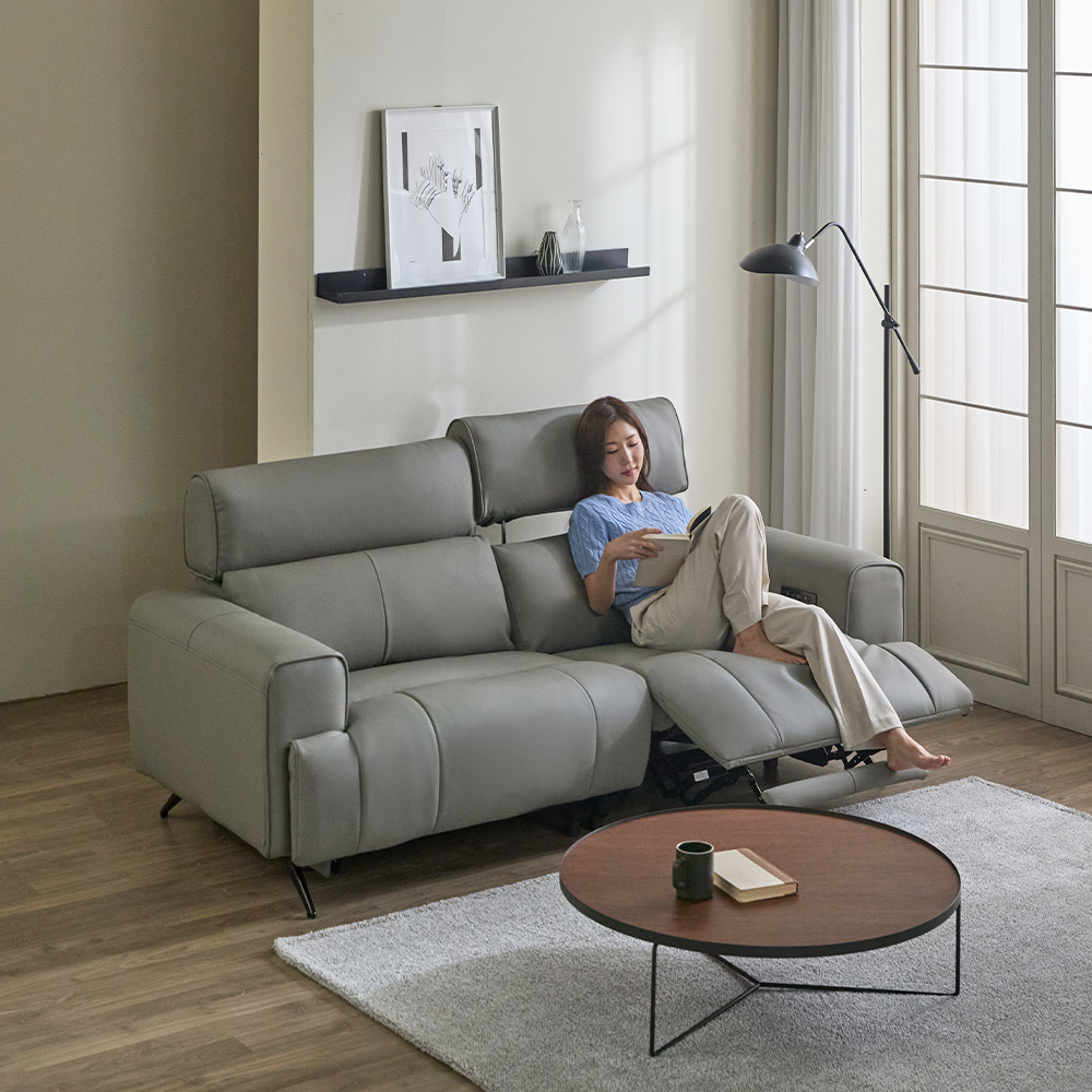헤르짐머 오브 전동 리클라이너 천연 가죽 소파 스툴미포함, 그레이, 3인용