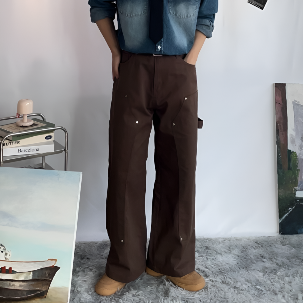 아메카지 카펜더팬츠 더블니팬츠 남자 면바지 사계절 워크웨어 - 상세 이미지 2