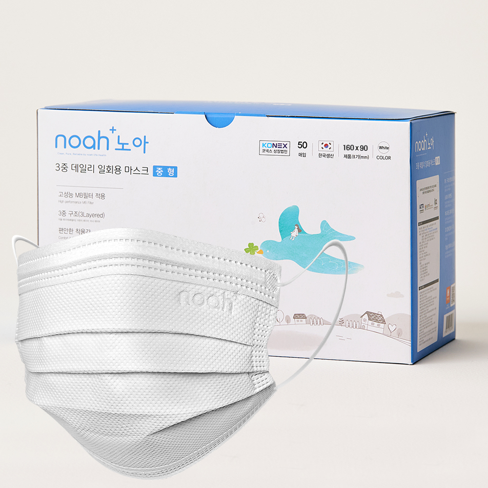 국내생산 노아 3중 데일리 일회용 덴탈 마스크 M(중형), 화이트, 50개