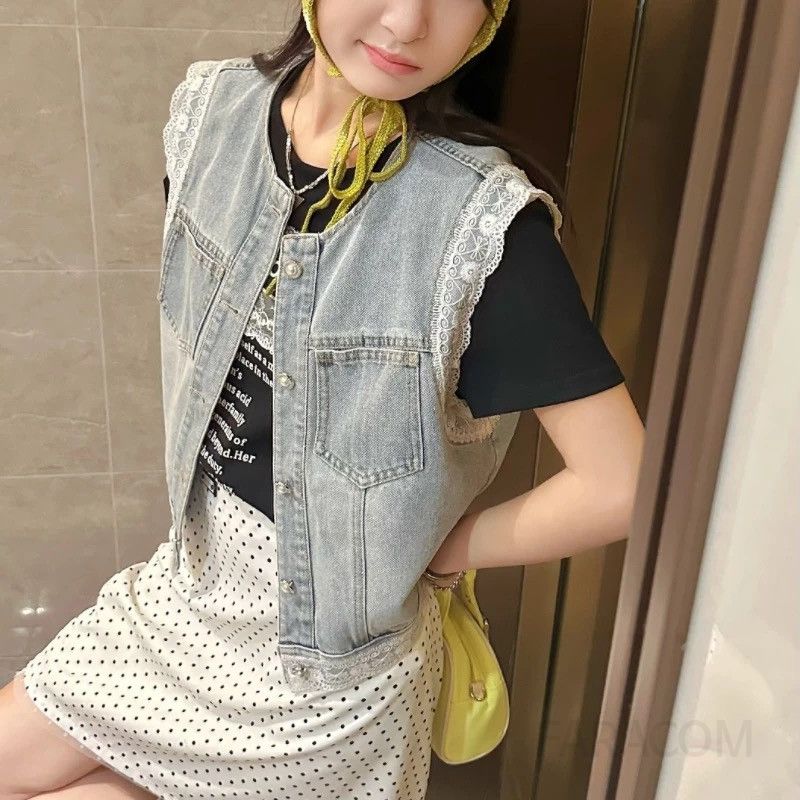 여성 레트로 데님 조끼 재킷 니치 시크 스타일 노카라 레이어드 웨어 여름 가볍고 스타일리시한 오버핏 디자인 청자켓 가능한 다용도 아우터 - 상세 이미지 4