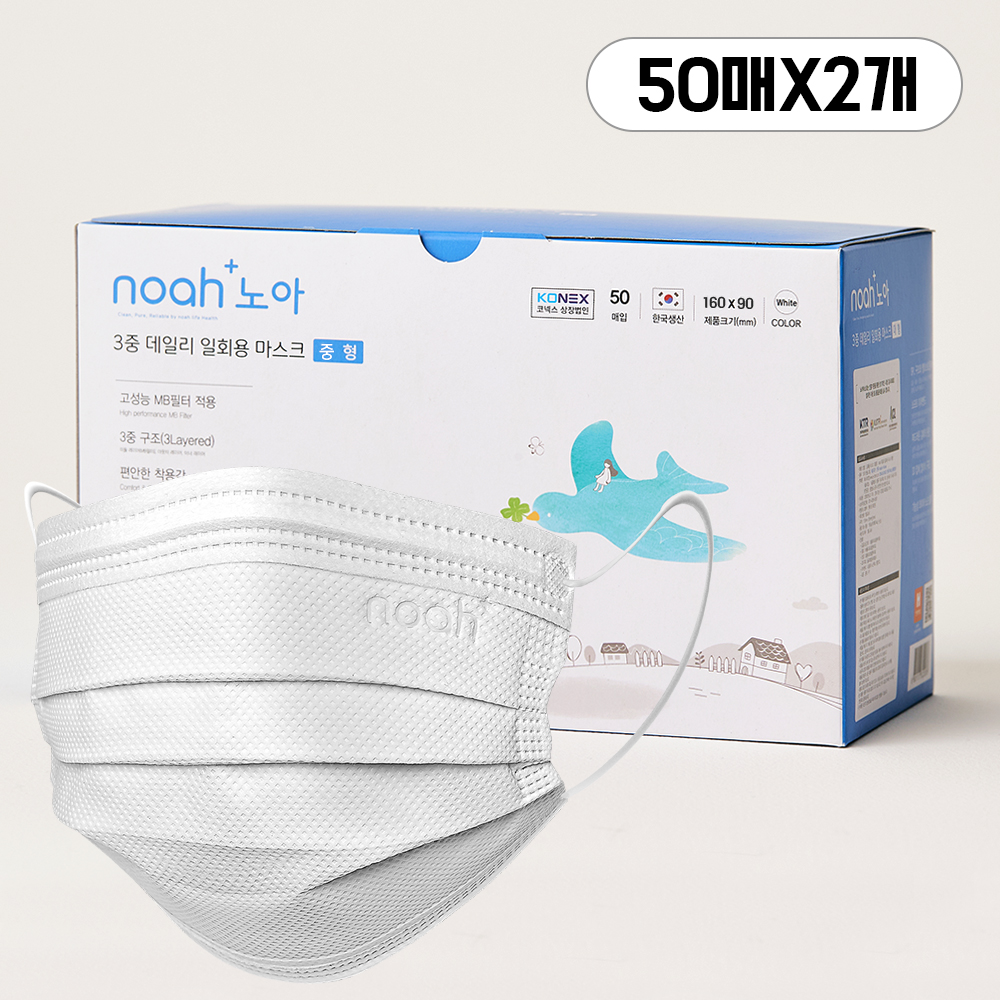 국내생산 노아 3중 데일리 일회용 덴탈 마스크 M(중형), 화이트, 100개