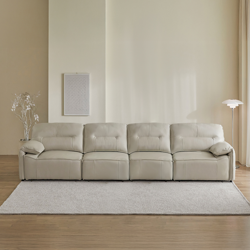 헤르짐머 르엔느 전동 리클라이너 슬라이딩 천연 가죽 소파 스툴미포함, 웜그레이, 6인용