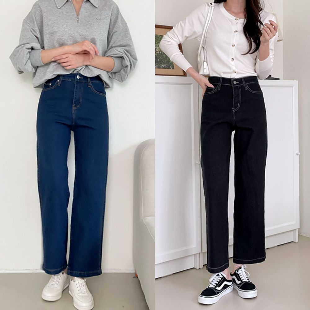 특기모데님 히든밴딩 하이웨스트 세미와이드스판청바지 봄가을 겨울기모 스트레이트진 진청 흑청 - 상품 이미지