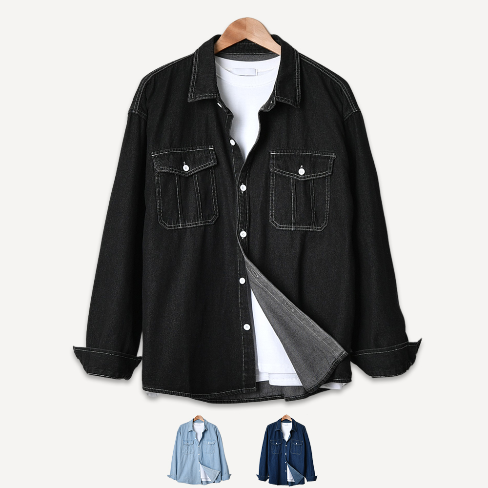 남자 청남방 오버핏 포켓 빅사이즈 진청 블랙 연청 데님 셔츠 제품 이미지