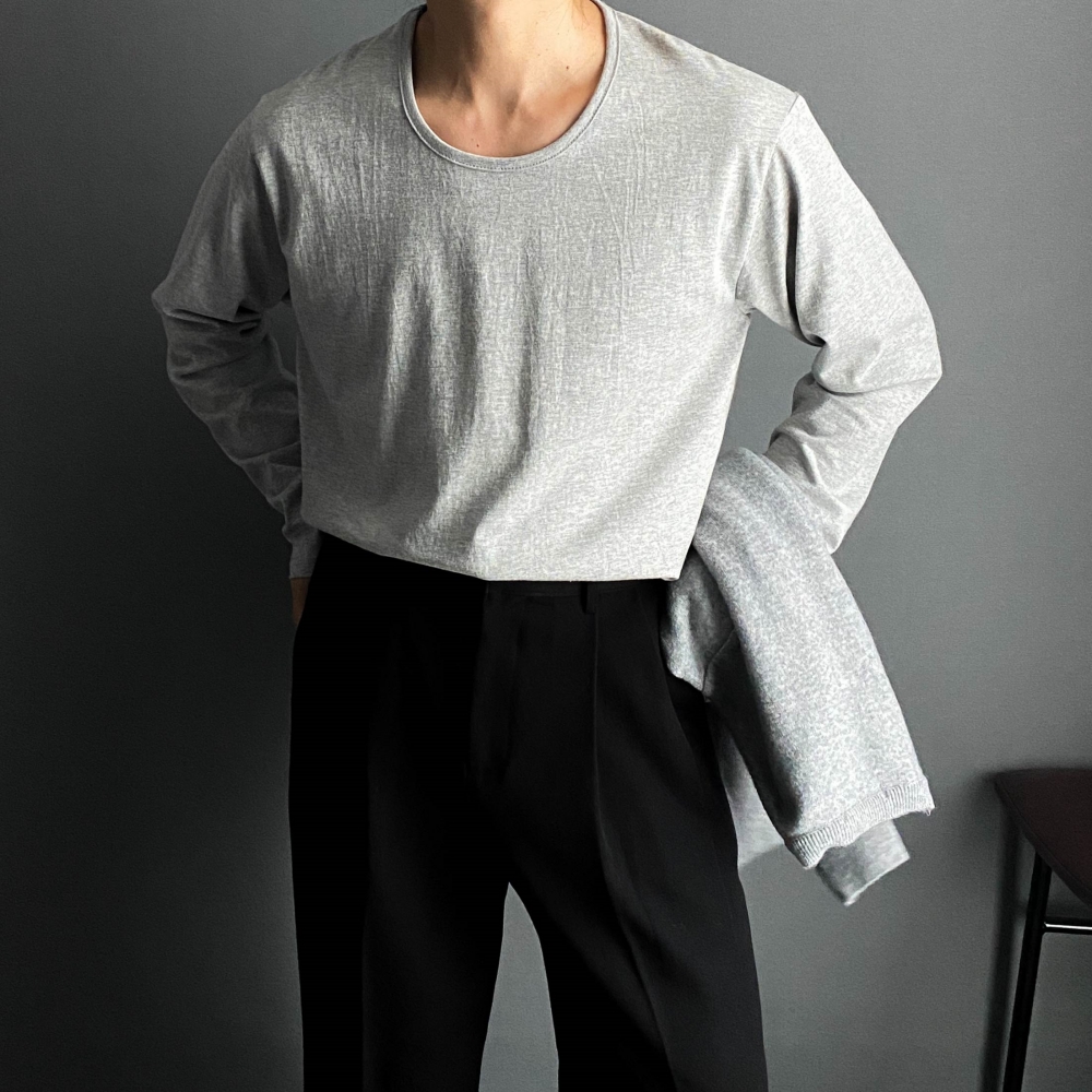 남자 U넥 유넥 긴팔 무지 티 티셔츠 흰티 흰색면티 - 상세 이미지 5