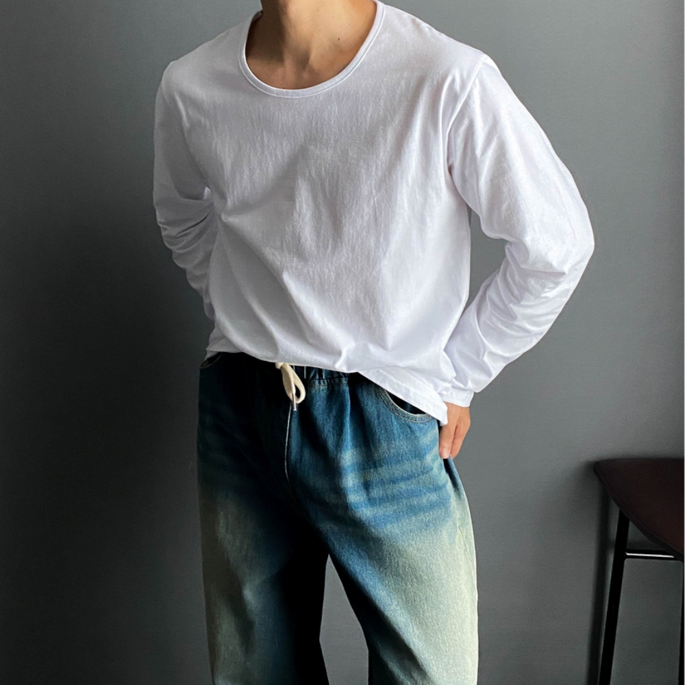 남자 U넥 유넥 긴팔 무지 티 티셔츠 흰티 흰색면티 - 상세 이미지 2