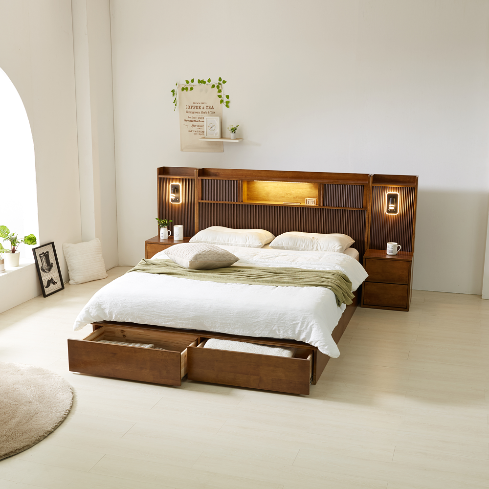 수이 원목 침대프레임 호텔식템바보드 led 수납 다리형 침대 슈퍼싱글 퀸 킹