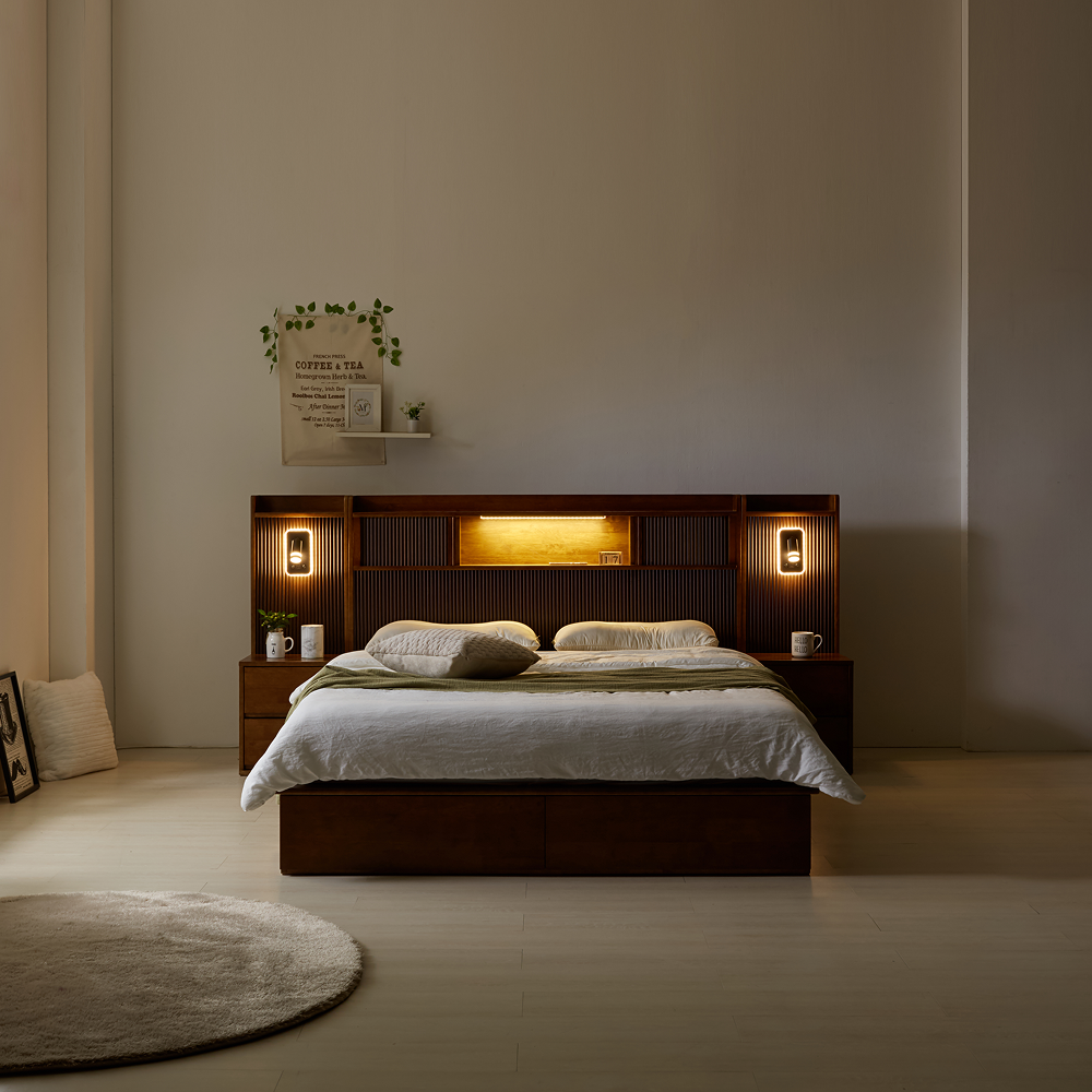 수이 원목 침대프레임 호텔식템바보드 led 수납 다리형 침대 슈퍼싱글 퀸 킹