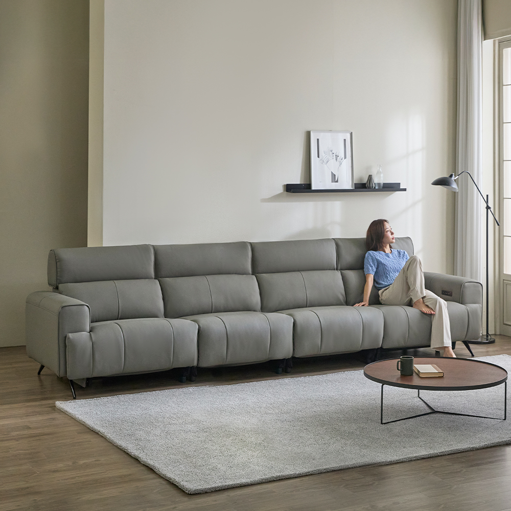 헤르짐머 오브 전동 리클라이너 천연 가죽 소파 스툴미포함, 그레이, 6인용