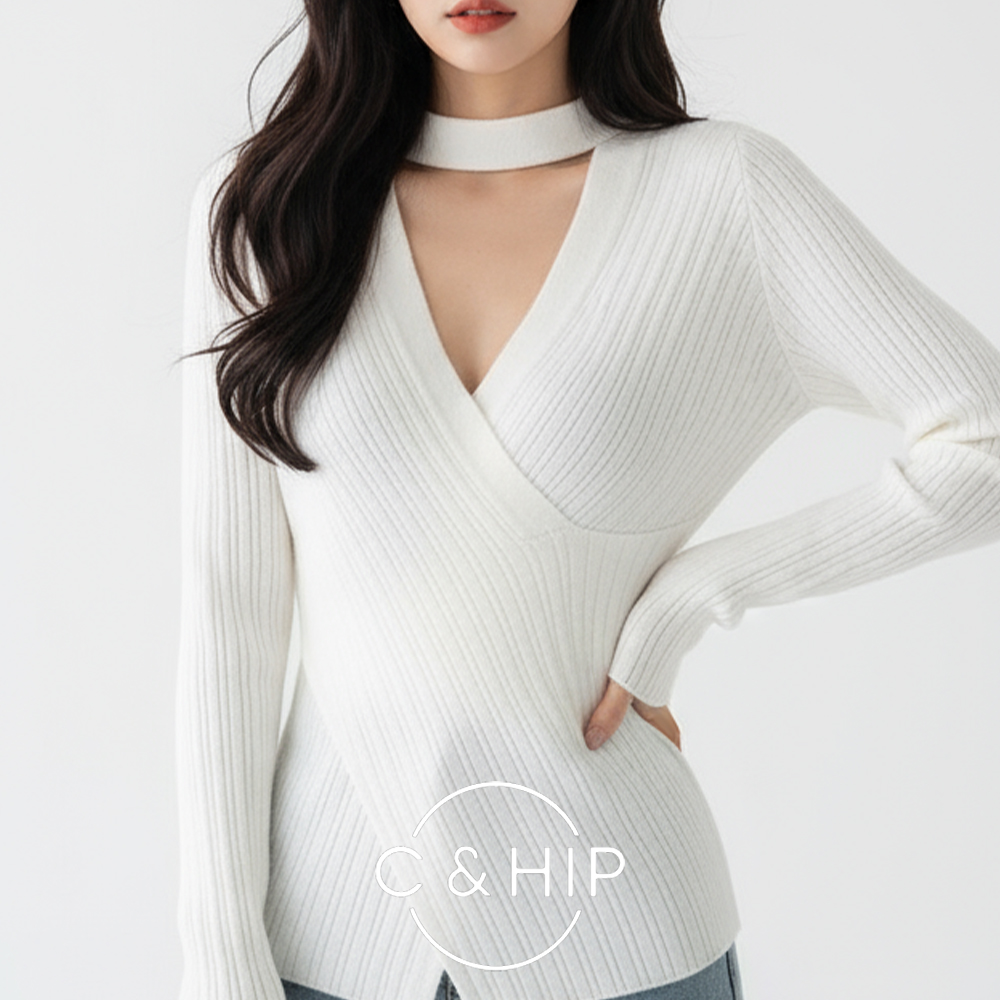 크로스 언발 랩 셔링 브이넥 초커넥 골지 니트 티셔츠 (화이트/블랙) - 메인 이미지