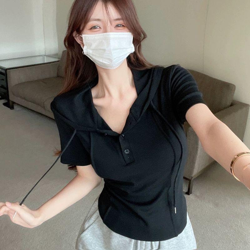 빅사이즈 후드반팔티 루즈핏 큰옷 여성 반팔 티셔츠 상의 데일리 앞단추 블랙 M - 상품 이미지