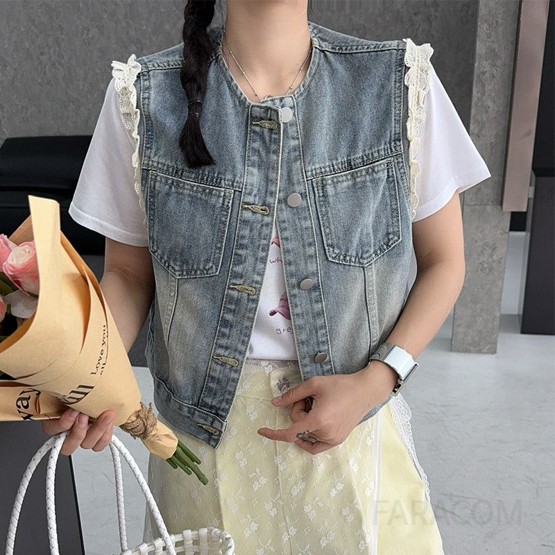 레이스 데님 조끼 여성용 봄여름 레이어드 패션 캐주얼 자켓 오버핏 청자켓 스타일링 가능한 민소매 베스트 - 메인 이미지