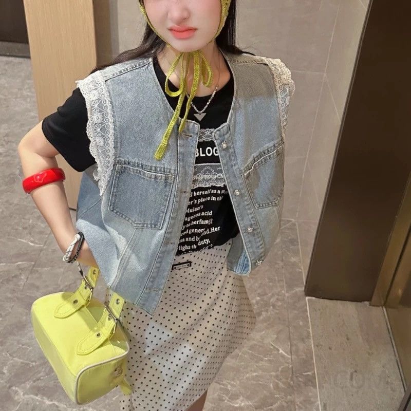 여성 레트로 데님 조끼 재킷 니치 시크 스타일 노카라 레이어드 웨어 여름 가볍고 스타일리시한 오버핏 디자인 청자켓 가능한 다용도 아우터 - 상세 이미지 2