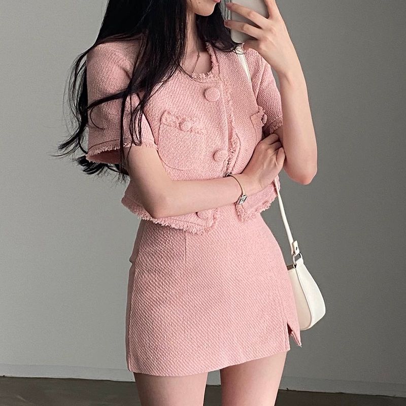 반팔 트위드 셋업 결혼식 여성 스커트 자켓 크롭자켓 레이디 출근룩 데이트룩 핑크 상의 프리 사이즈 - 상세 이미지 3