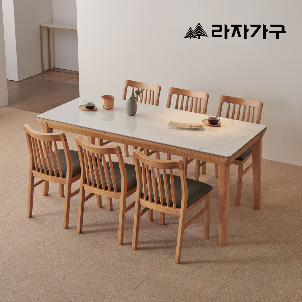 라자가구 데니스 포세린 세라믹 원목 4인 6인 거실 다이닝 식탁세트 식탁+라운드형의자6, 1800mm, 화이트세라믹테이블 - 메인 이미지