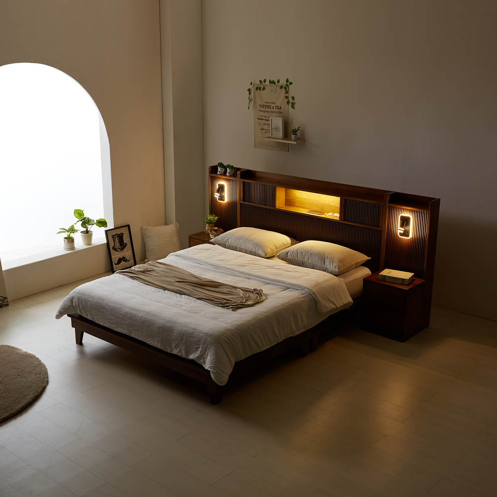 수이 원목 침대프레임 호텔식템바보드 led 수납 다리형 침대 슈퍼싱글 퀸 킹