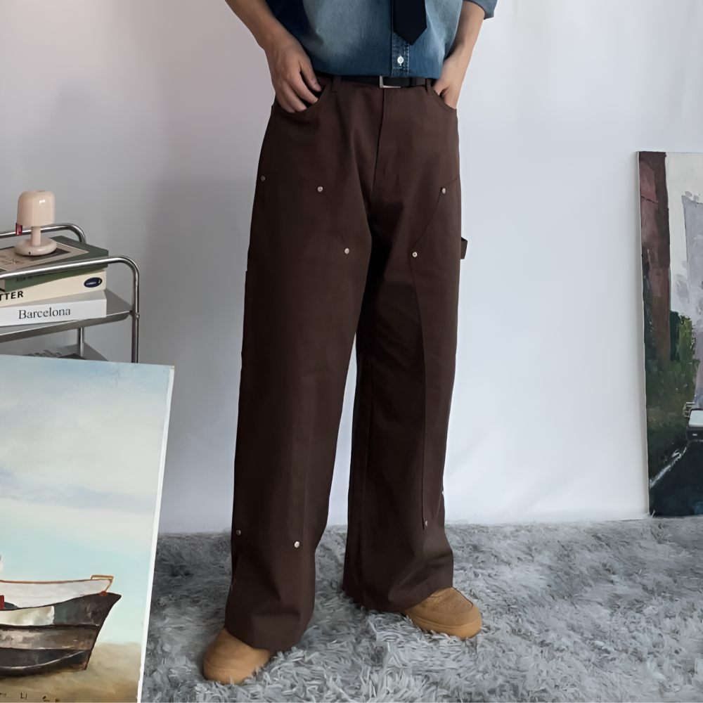 아메카지 카펜더팬츠 더블니팬츠 남자 면바지 사계절 워크웨어 - 상세 이미지 3