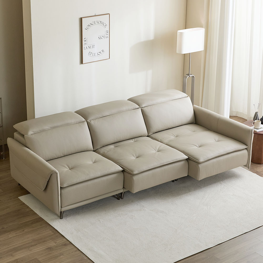라모네 전동 리클라이너 슬라이딩 천연 가죽 소파 스툴미포함, 베이지, 4인용