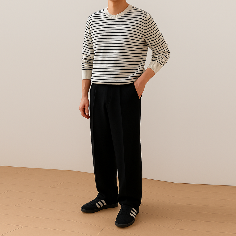 남자스트라이프니트 가을 오버핏 니트 LOGAN LAINE 아이보리 스트라이프, M 이미지 2