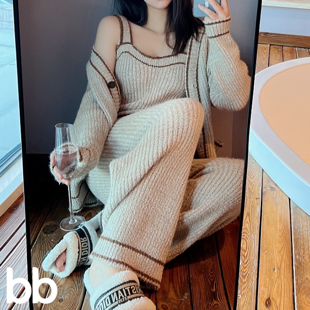 3피스 잠옷 겨울여성 세트 나시 상하복 노브라 캡내장 모찌 긴팔 홈웨어 봄 빅사이즈 리본 브라운 - 상품 이미지