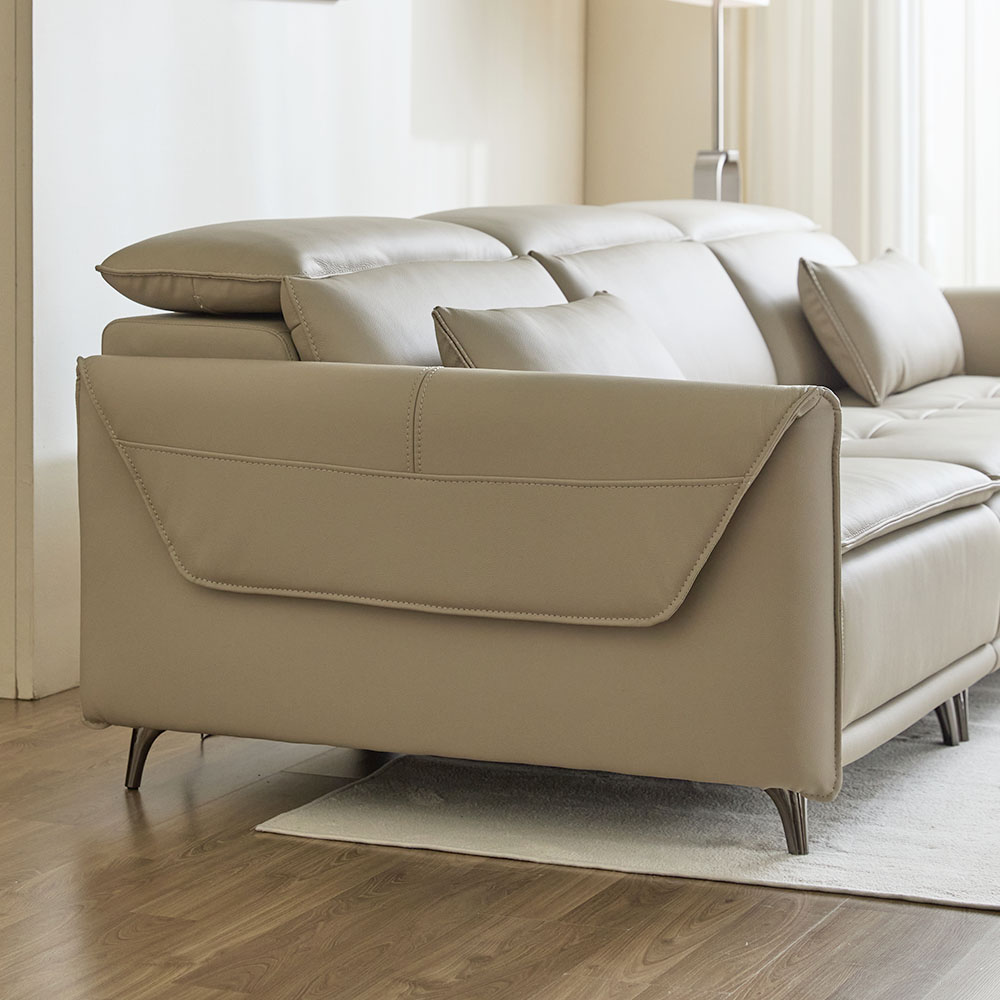 라모네 전동 리클라이너 슬라이딩 천연 가죽 소파 스툴미포함, 베이지, 4인용