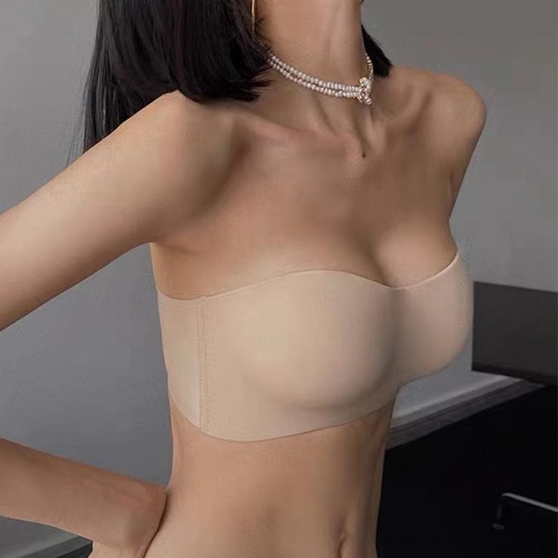 여성 브라 튜브 노와이어 브래지어 오프숄더 심리스 무봉제 끈나시 요가탑 탱크탑 논슬립 스킨톤 단품 32 70A - 상품 이미지
