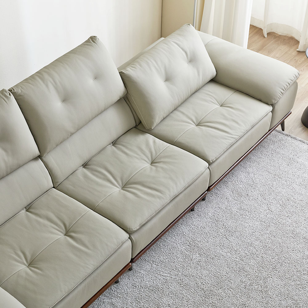 레노아 전동 리클라이너 슬라이딩 천연 가죽 소파 스툴미포함, 라이트그레이, 4인용