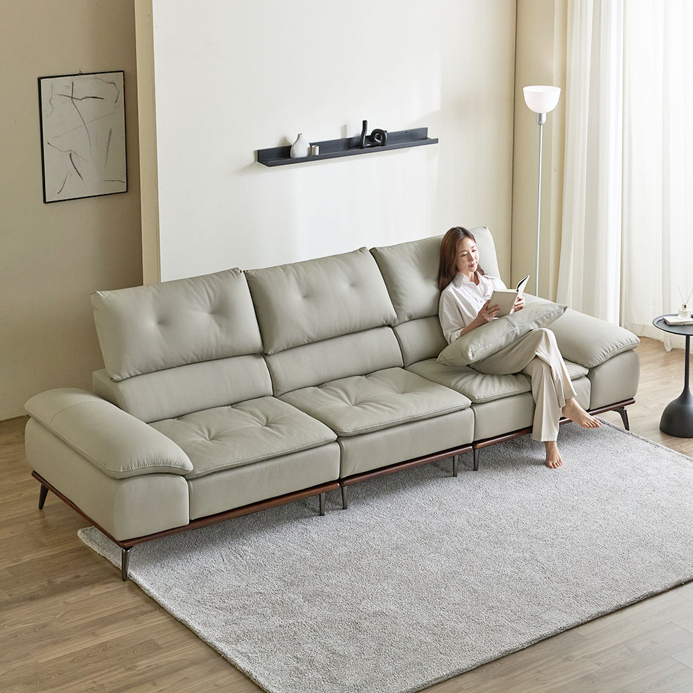 레노아 전동 리클라이너 슬라이딩 천연 가죽 소파 스툴미포함, 라이트그레이, 4인용