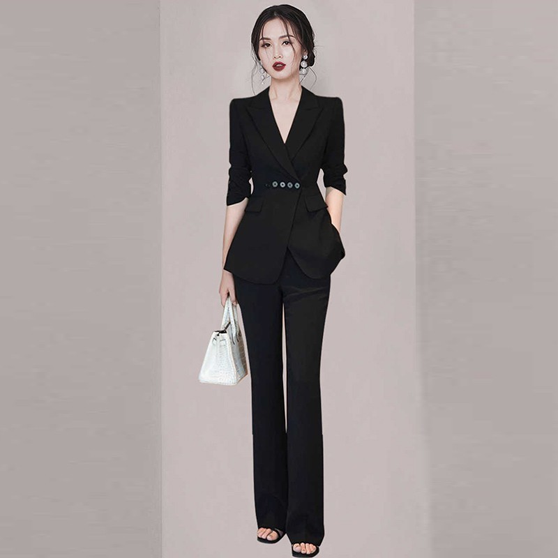 50대가을결혼식하객룩 중년 여성 블랙 바지 정장 투피스 세트 오피스룩 블랙 S