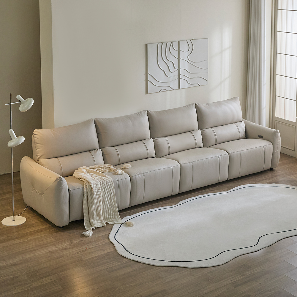 헤르짐머 모덱스 천연 가죽 3좌석 전동 리클라이너 소파 스툴미포함, 아이보리, 6인용