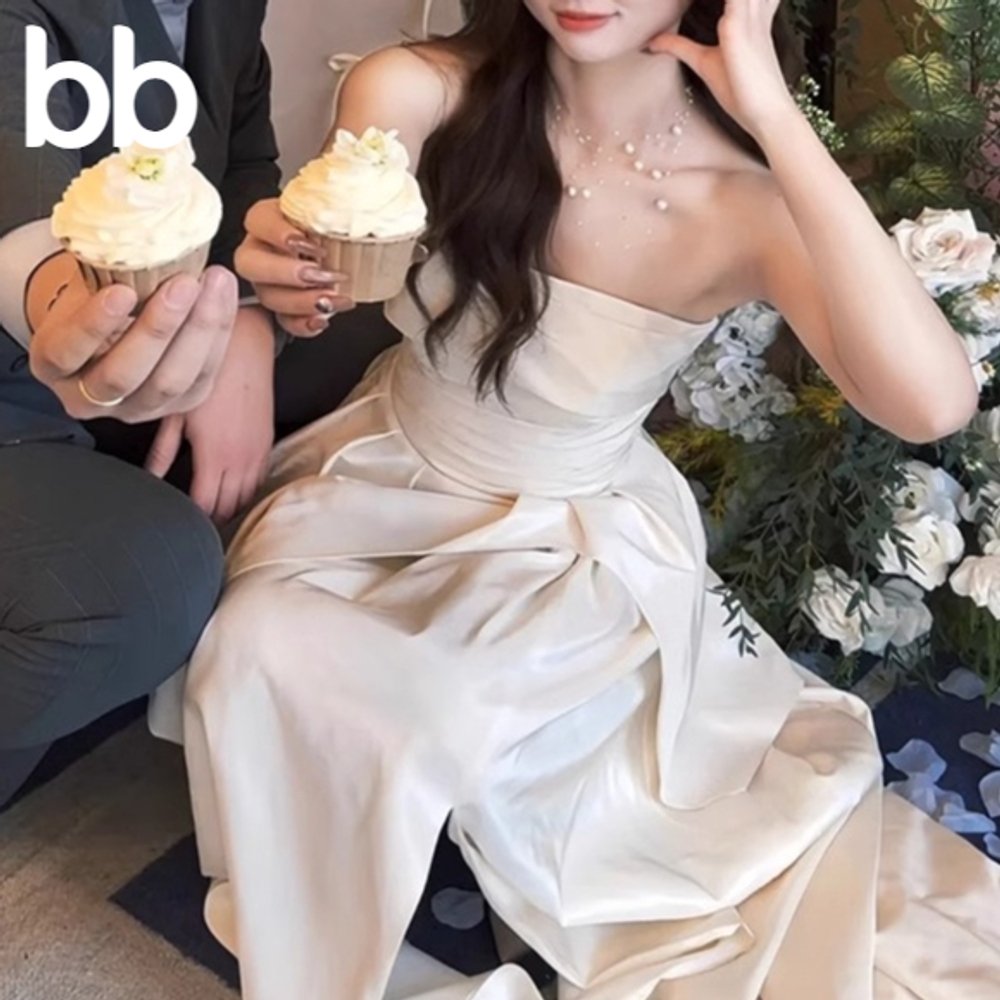 2부 드레스 추천 웨딩스냅 피로연 셀프웨딩 셀프웨딩드레스 새틴 이브닝 피로연드레스 결혼식 화이트 XS - 상세 이미지 3