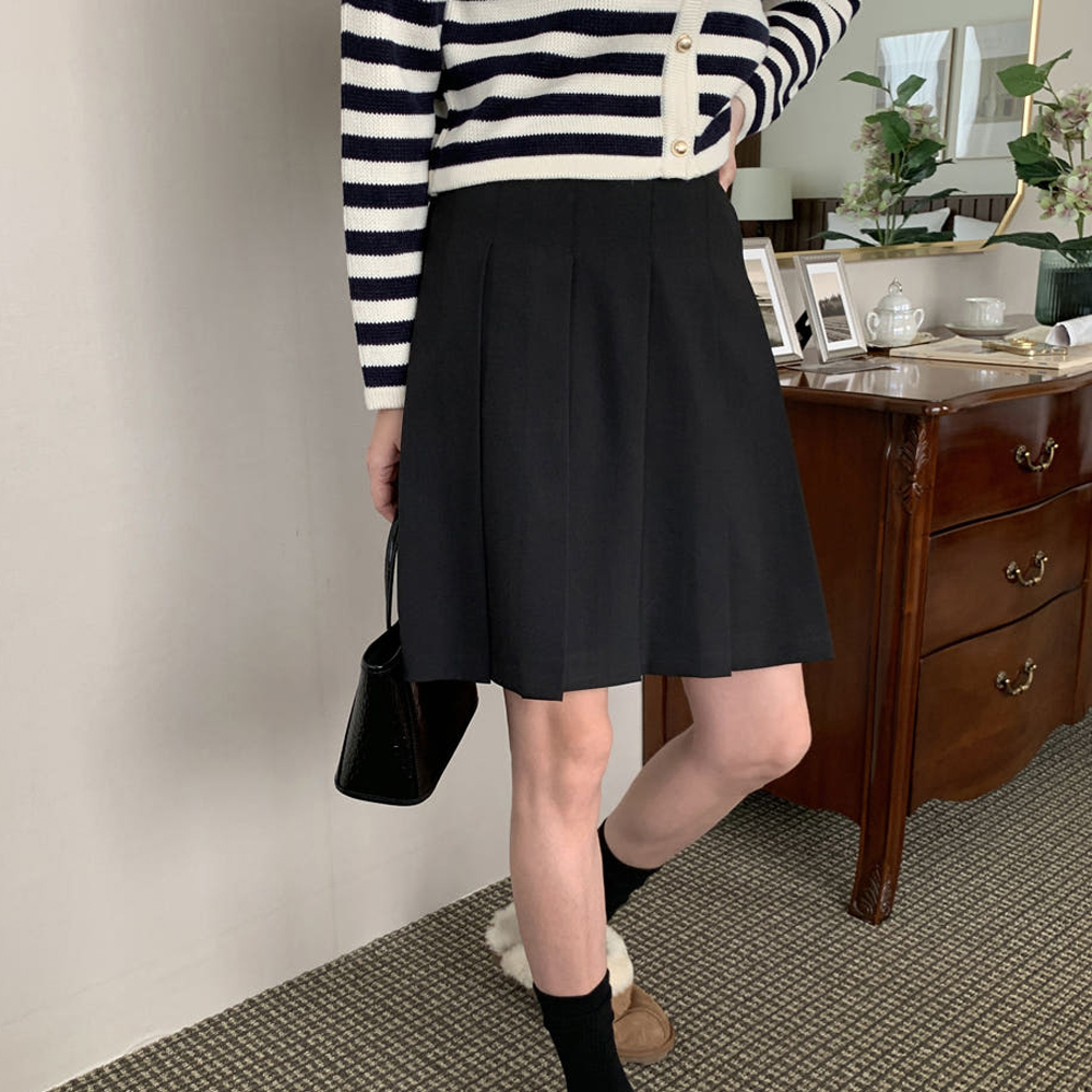 하이웨스트 핀턱 플리츠 치마 A라인 주름치마 플레어 스커트 가을 미니 스커트 블랙 베이지