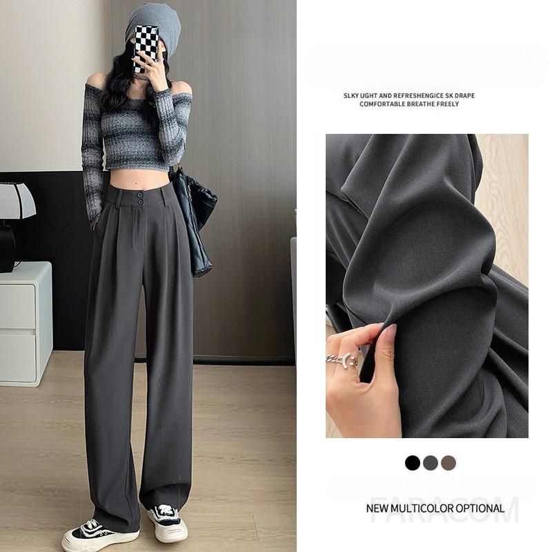 여성 하이웨이스트 슬림핏 스트레이트 팬츠 가을 캐주얼바지 드레이프 스타일로 편안한 착용감 바지 세련된 디자인의 데일리 - 상품 이미지